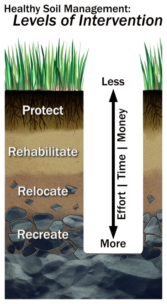 Complex diagram of health soil management, showing levels of intervention; the more intervention, the more effort, time, and money are necessary.